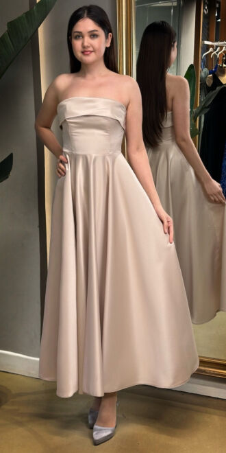 Beige Flared Skirt Satin Midi Evening Dress 7647 