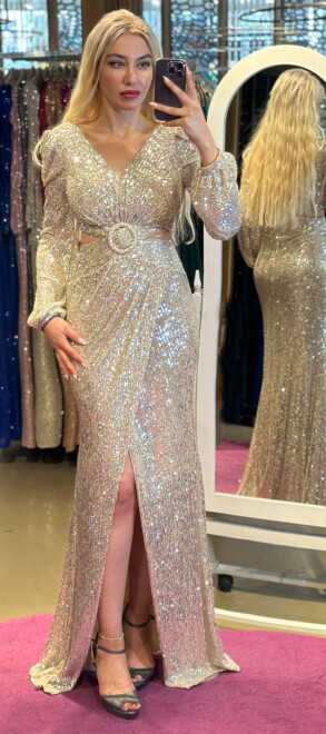 Beige Long Sleeve Cut Out Waist Wrap Slit Straight Cut Sequin Long Evening Dress 7377 