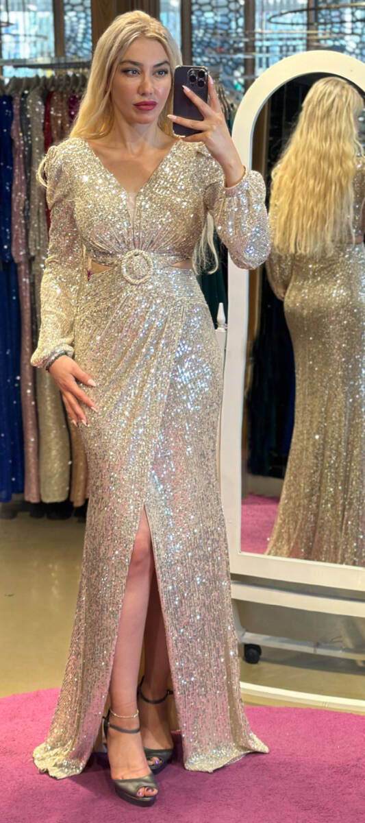 Beige Long Sleeve Cut Out Waist Wrap Slit Straight Cut Sequin Long Evening Dress 7377 - 1