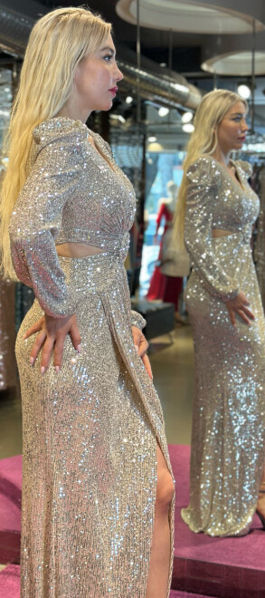 Beige Long Sleeve Cut Out Waist Wrap Slit Straight Cut Sequin Long Evening Dress 7377 - 3