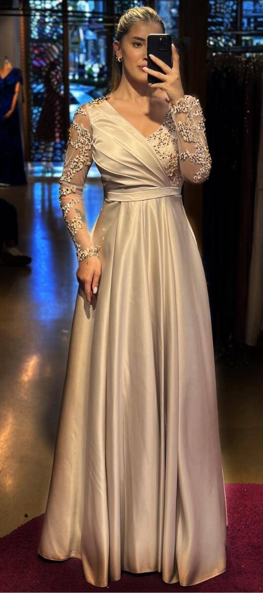 Beige Long Sleeve Lace Detailed Flared Skirt Satin Long Evening Dress 7510