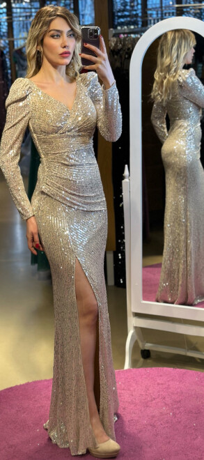 Beige Long Sleeve Slit Straight Cut Sequin Long Evening Dress 7321 