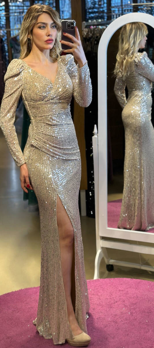 Beige Long Sleeve Slit Straight Cut Sequin Long Evening Dress 7321 - 1