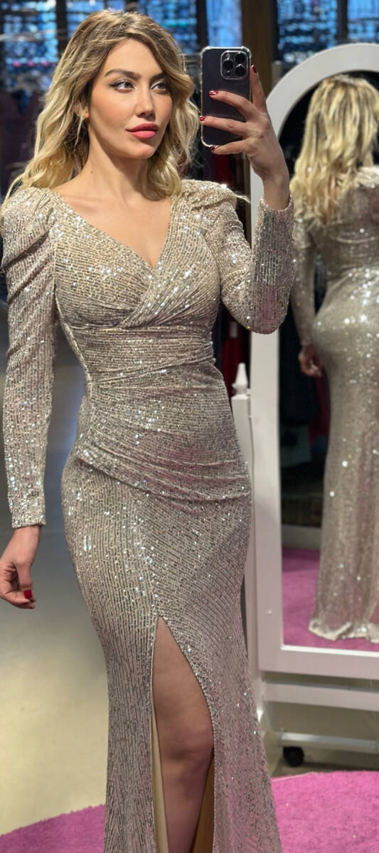 Beige Long Sleeve Slit Straight Cut Sequin Long Evening Dress 7321 - 2