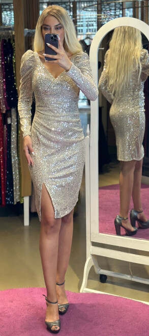 Beige Long Sleeve Slit Straight Cut Sequin Short Evening Dress 7309 