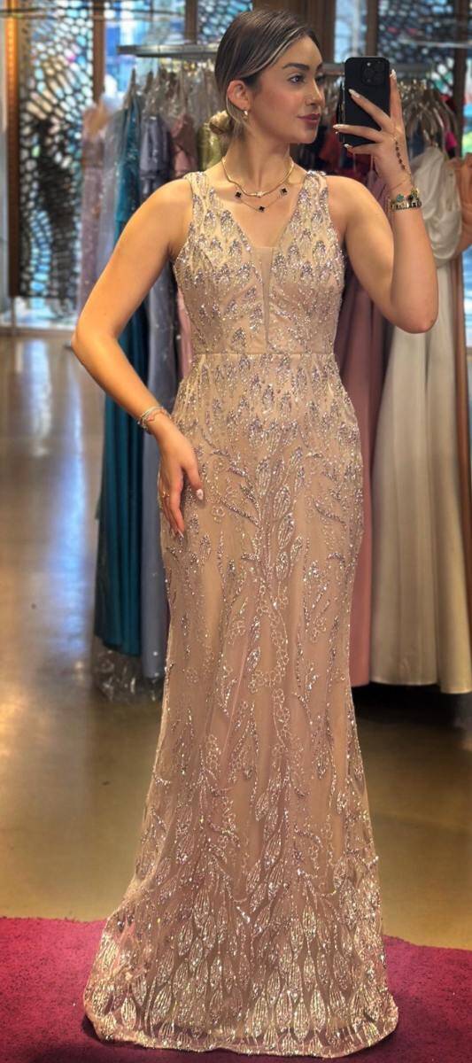 Beige Thick Strap Straight Cut Glitter Long Evening Dress 7595 - 1