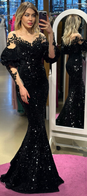 Black Balloon Sleeve Lace Detailed Mermaid Skirt Velvet Sequin Long Evening Dress 7327 - 1