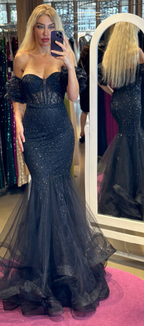 Black Balloon Sleeve Mermaid Skirt Glitter Long Evening Dress 7382 - 1