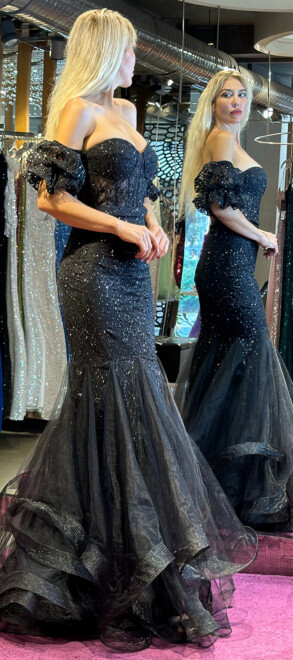 Black Balloon Sleeve Mermaid Skirt Glitter Long Evening Dress 7382 - 3