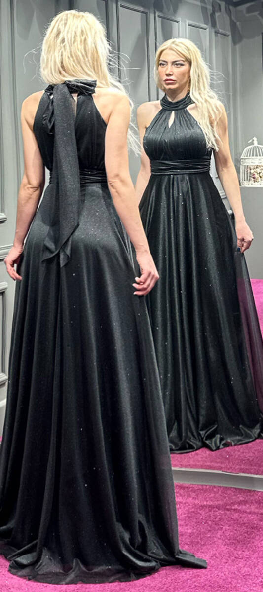 Black Belted Low-Cut Back Flared Skirt Glitter Fabric Long Evening Dress 6646 - 5