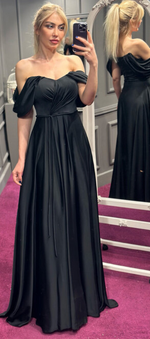 Black Flared Skirt Satin Long Evening Dress 7350 - 1