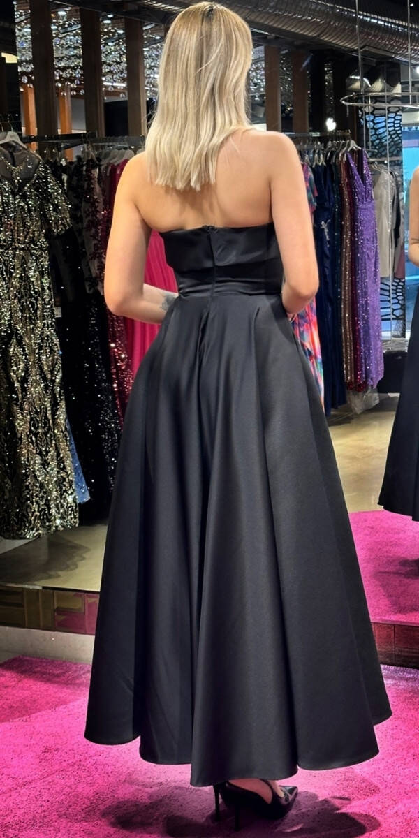 Black Flared Skirt Satin Midi Evening Dress 7647 - 5