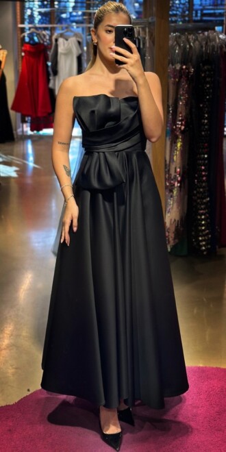 Black Flared Skirt Satin Midi Evening Dress 7657 