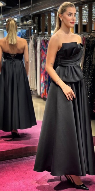 Black Flared Skirt Satin Midi Evening Dress 7657 - 3