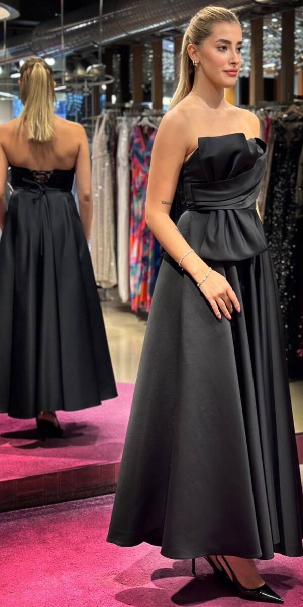 Black Flared Skirt Satin Midi Evening Dress 7657 - 3