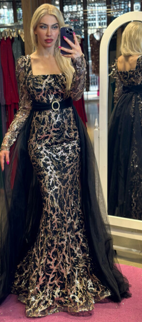 Black Gold Long Sleeve Straight Cut Glitter Long Evening Dress 7363 