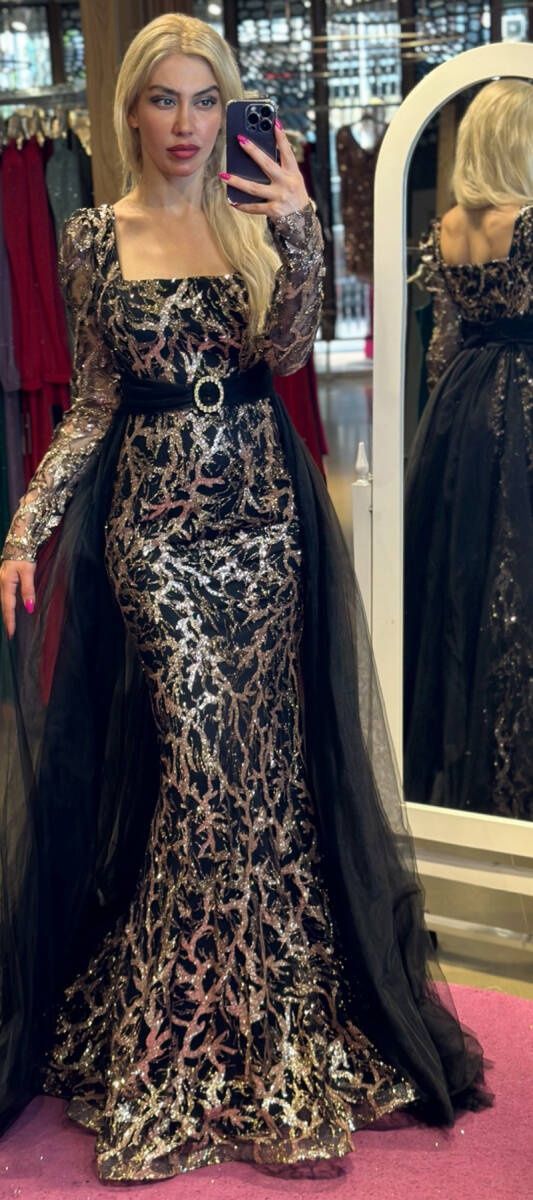 Black Gold Long Sleeve Straight Cut Glitter Long Evening Dress 7363 - 1