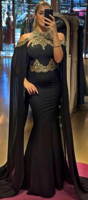 Black Lace Detailed Mermaid Skirt Crepe Long Evening Dress 6276 