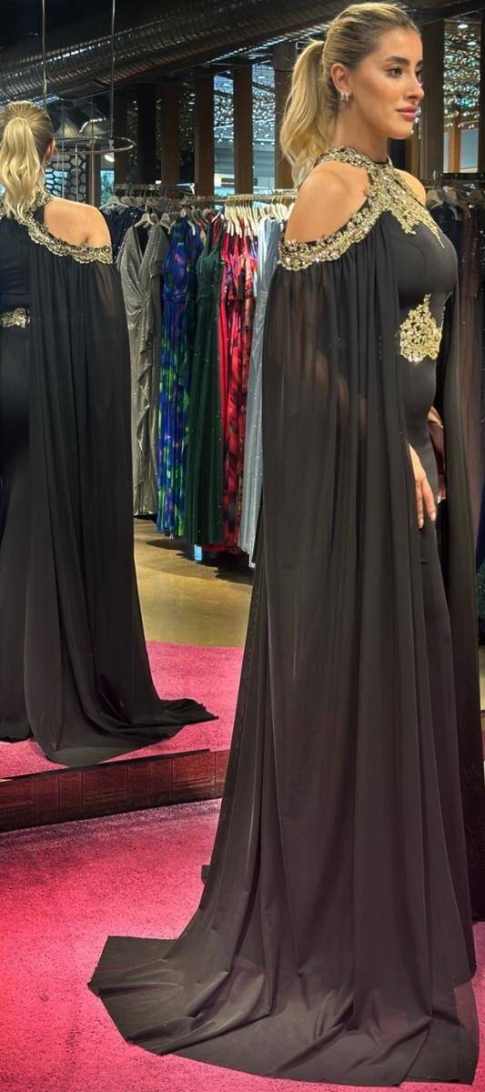 Black Lace Detailed Mermaid Skirt Crepe Long Evening Dress 6276 - 3