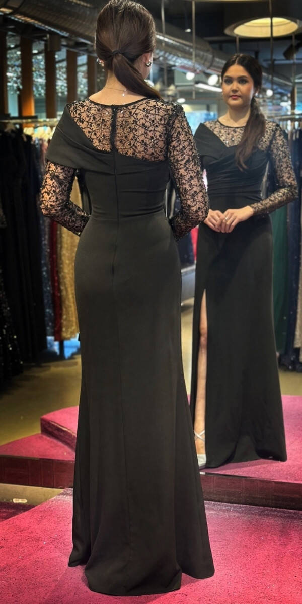 Black Long Sleeve Beaded Slit Straight Cut Crepe Long Evening Dress 7650 - 4