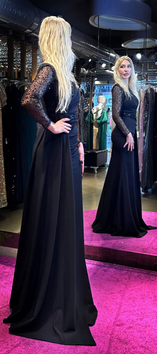 Black Long Sleeve Belted Mermaid Skirt Crepe Long Evening Dress 7440 - 3