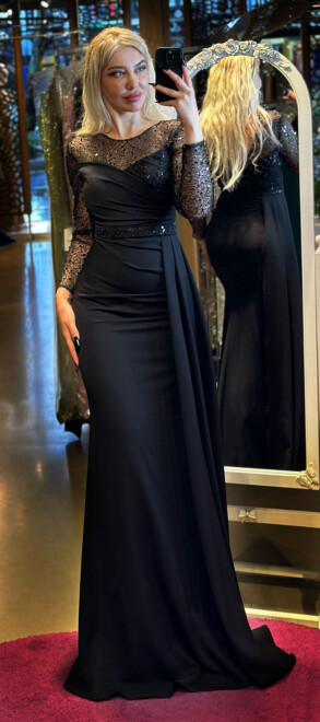 Black Long Sleeve Belted Mermaid Skirt Crepe Long Evening Dress 7440 