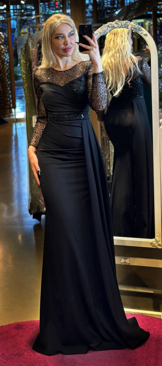 Black Long Sleeve Belted Mermaid Skirt Crepe Long Evening Dress 7440 - 1