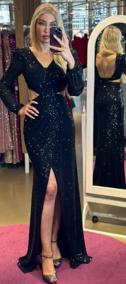 Black Long Sleeve Cut Out Waist Wrap Slit Straight Cut Sequin Long Evening Dress 7377 - 1