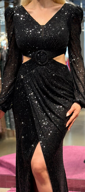 Black Long Sleeve Cut Out Waist Wrap Slit Straight Cut Sequin Long Evening Dress 7377 - 4