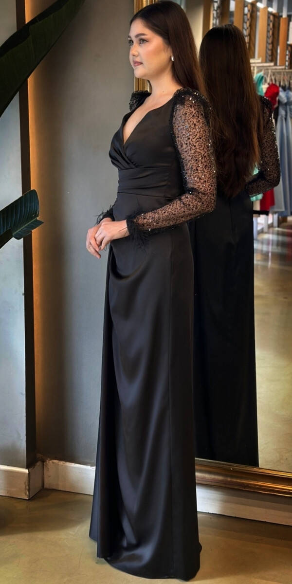 Black Long Sleeve Feather Detailed Slit Straight Cut Satin Long Evening Dress 7442 - 3