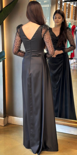 Black Long Sleeve Feather Detailed Slit Straight Cut Satin Long Evening Dress 7442 - 5