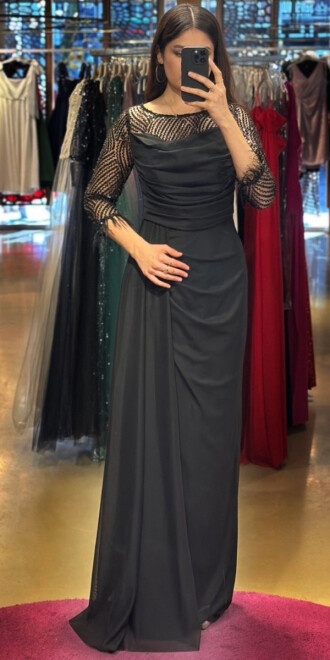 Black Long Sleeve Feather Detailed Slit Straight Cut Tulle Long Evening Dress 7669 