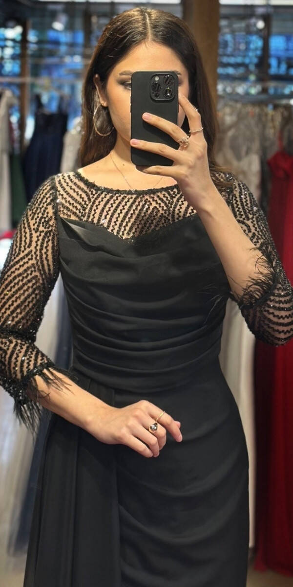 Black Long Sleeve Feather Detailed Slit Straight Cut Tulle Long Evening Dress 7669 - 2