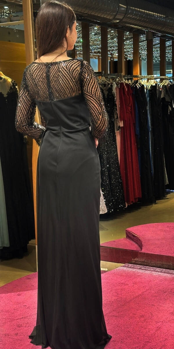 Black Long Sleeve Feather Detailed Slit Straight Cut Tulle Long Evening Dress 7669 - 5