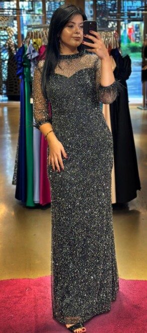 Black Long Sleeve Feather Detailed Straight Cut Glitter Long Evening Dress 7549 