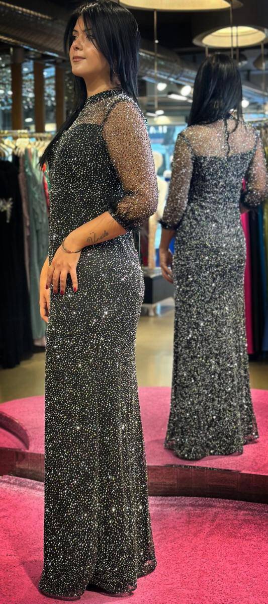 Black Long Sleeve Feather Detailed Straight Cut Glitter Long Evening Dress 7549 - 3