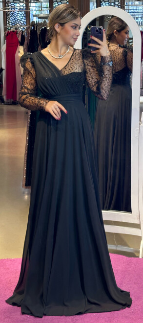 Black Long Sleeve Flared Skirt Chiffon Long Evening Dress 7417 