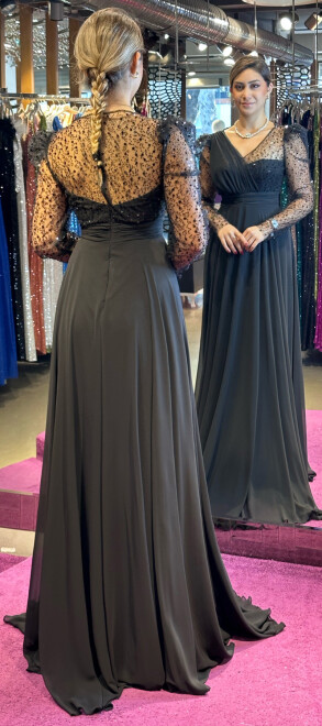 Black Long Sleeve Flared Skirt Chiffon Long Evening Dress 7417 - 5