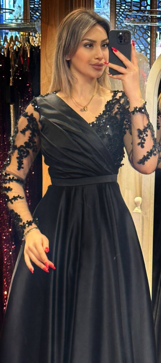 Black Long Sleeve Lace Detailed Flared Skirt Satin Long Evening Dress 7510 - 2