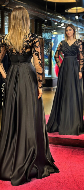 Black Long Sleeve Lace Detailed Flared Skirt Satin Long Evening Dress 7510 - 5