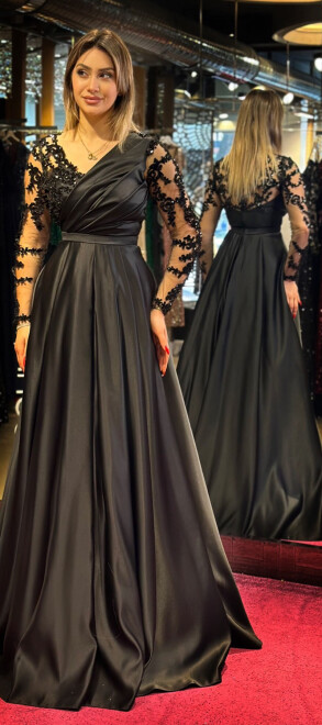 Black Long Sleeve Lace Detailed Flared Skirt Satin Long Evening Dress 7510 - 3