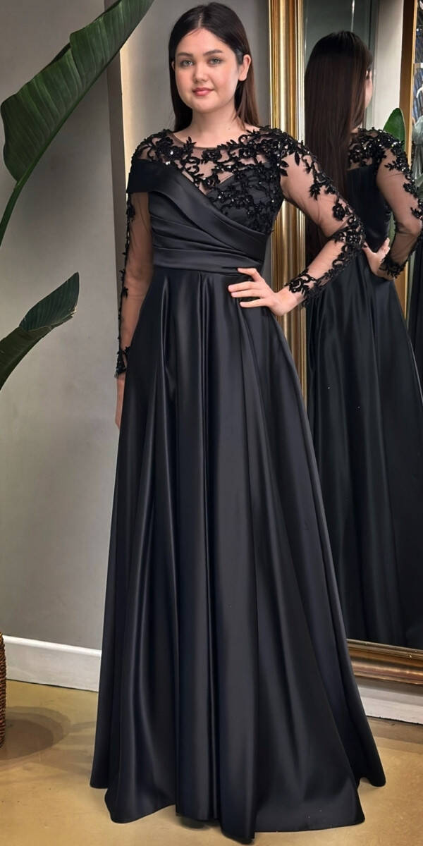 Black Long Sleeve Lace Detailed Flared Skirt Satin Long Evening Dress 7670 - 1