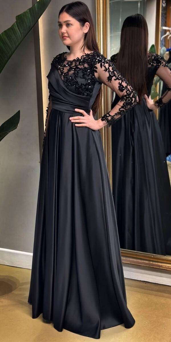 Black Long Sleeve Lace Detailed Flared Skirt Satin Long Evening Dress 7670 - 3