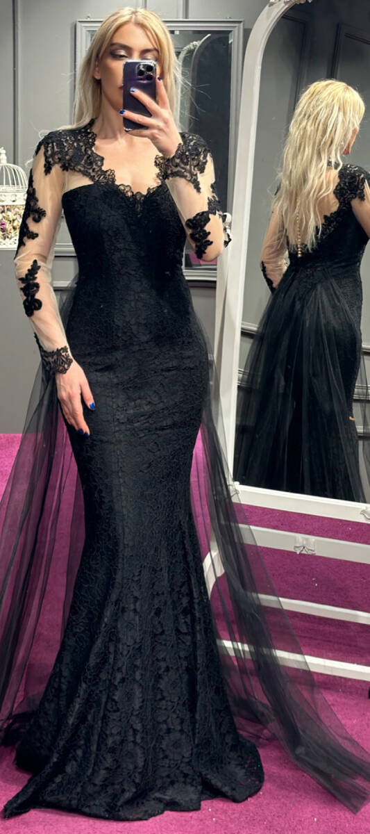 Black Long Sleeve Lace Detailed Low-Cut Back Mermaid Skirt Lace Fabric Long Evening Dress 7038 - 1