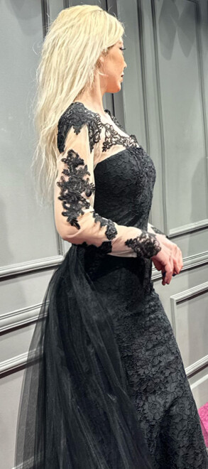 Black Long Sleeve Lace Detailed Low-Cut Back Mermaid Skirt Lace Fabric Long Evening Dress 7038 - 3