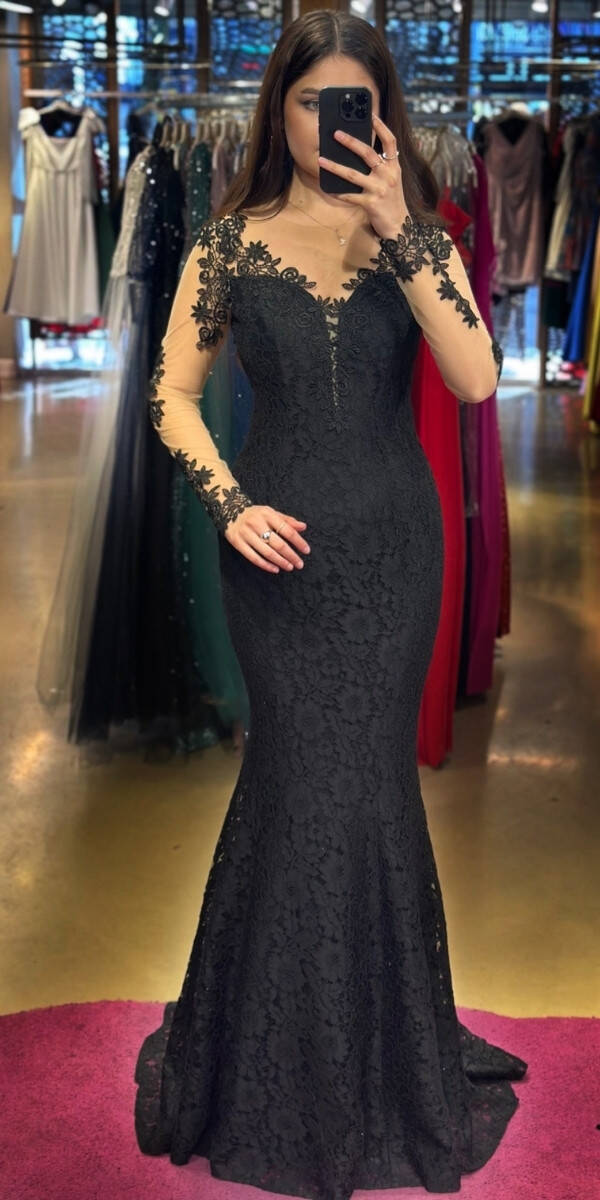 Black Long Sleeve Lace Detailed Low-Cut Back Mermaid Skirt Lace Long Evening Dress 7001 - 1