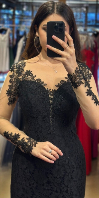 Black Long Sleeve Lace Detailed Low-Cut Back Mermaid Skirt Lace Long Evening Dress 7001 - 2