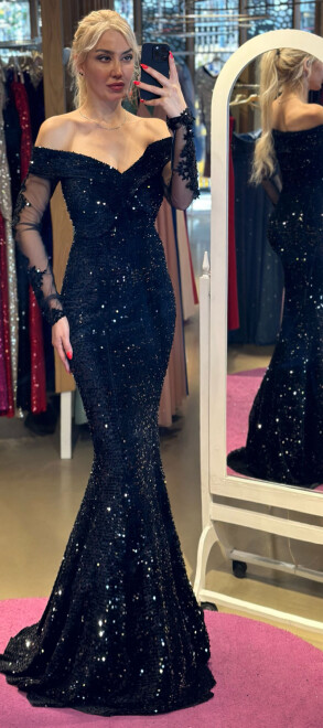 Black Long Sleeve Lace Detailed Mermaid Skirt Velvet Sequin Long Evening Dress 6840 - 1