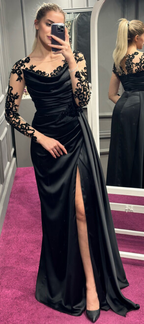 Black Long Sleeve Lace Detailed Slit Straight Cut Satin Long Evening Dress 7332 - 1