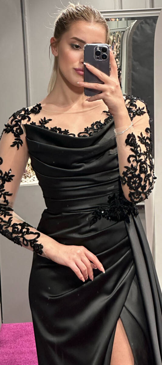 Black Long Sleeve Lace Detailed Slit Straight Cut Satin Long Evening Dress 7332 - 2